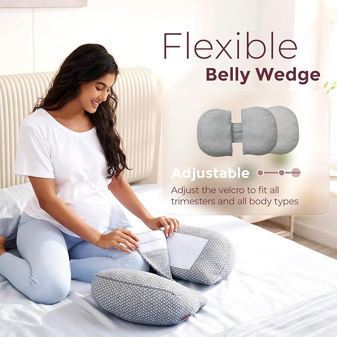 Momcozy Memory Foam Portable Pregnancy Pillow – W Shaped Maternity Great Support for Side Sleepers, Adjustable Travel Wedge Pillow for Back, Belly, and Hip Relief, Ideal for Pregnant Women, Grey