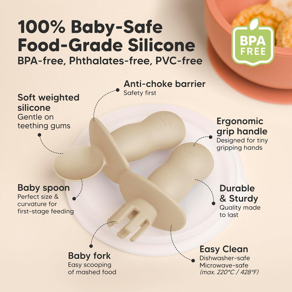 KeaBabies 4-Pack Silicone Baby Spoons and Forks Set - Baby Led Weaning Utensils 6-12 Months, Self Feeding Toddler Spoon & Fork for Training, Teething, Easy to Hold, BPA-Free Silicone (Terracotta)