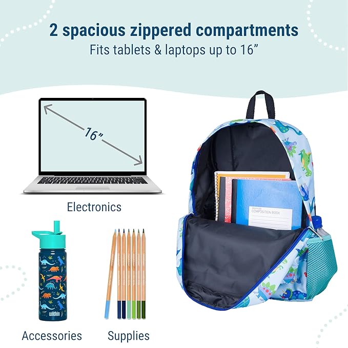 Wildkin 16-inch Kids Backpack – Durable, Padded & Spacious School Bag for Boys & Girls - Dinosaur Land