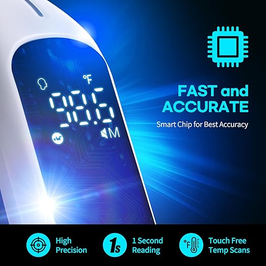 HubiBaby No-Touch Infrared Thermometer for Adults, Accurate Digital Forehead Thermometer, Large LED Display, Fever Alarm, 2 in 1 Forehead & Object Thermometer