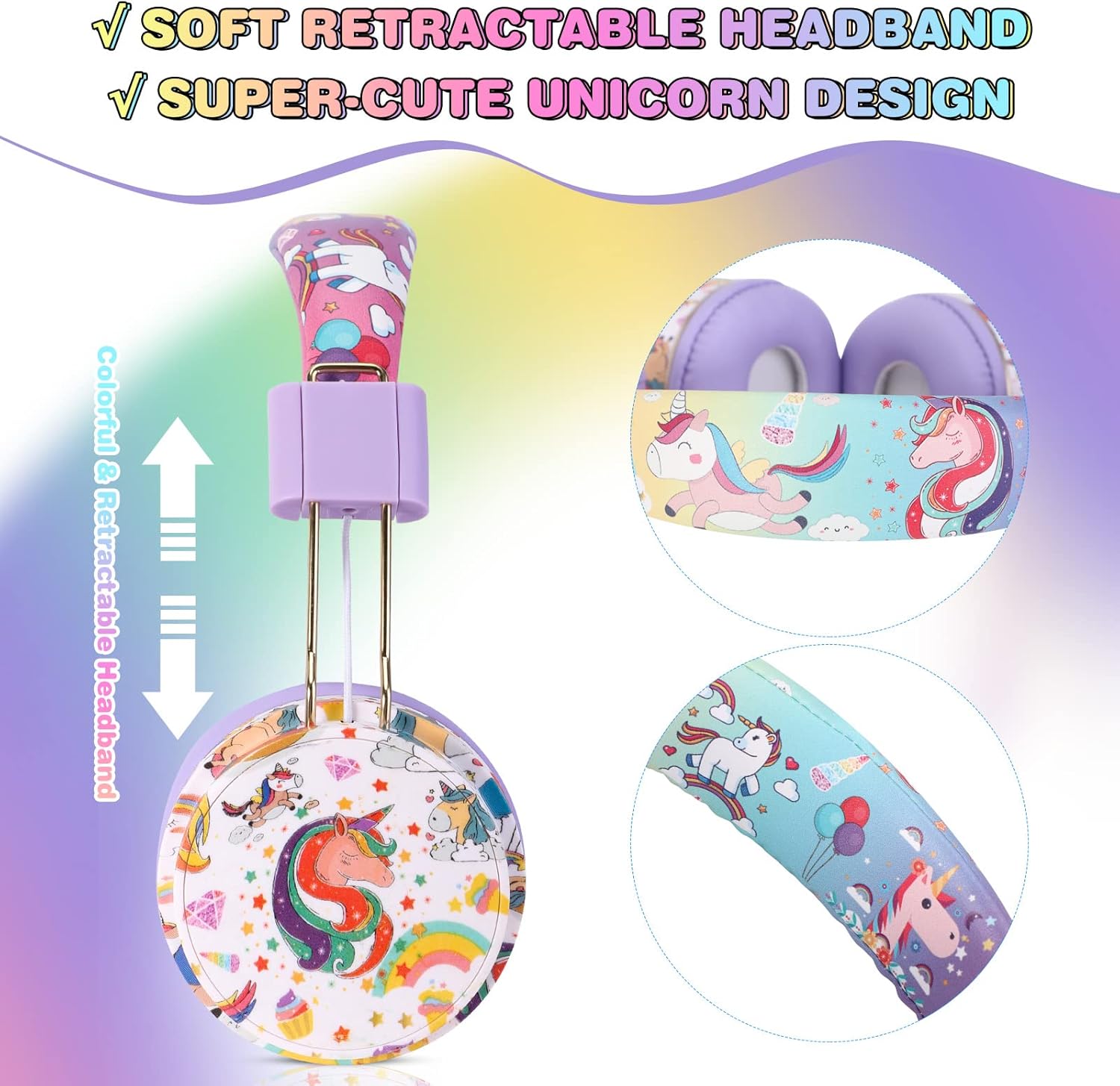 QearFun Unicorn Bluetooth Headphones for Girls - with Microphone & 3.5mm Jack, Adjustable Headband for Kids Teens Toddlers, School iPad Tablet PC Smartphones Compatible (Purple)