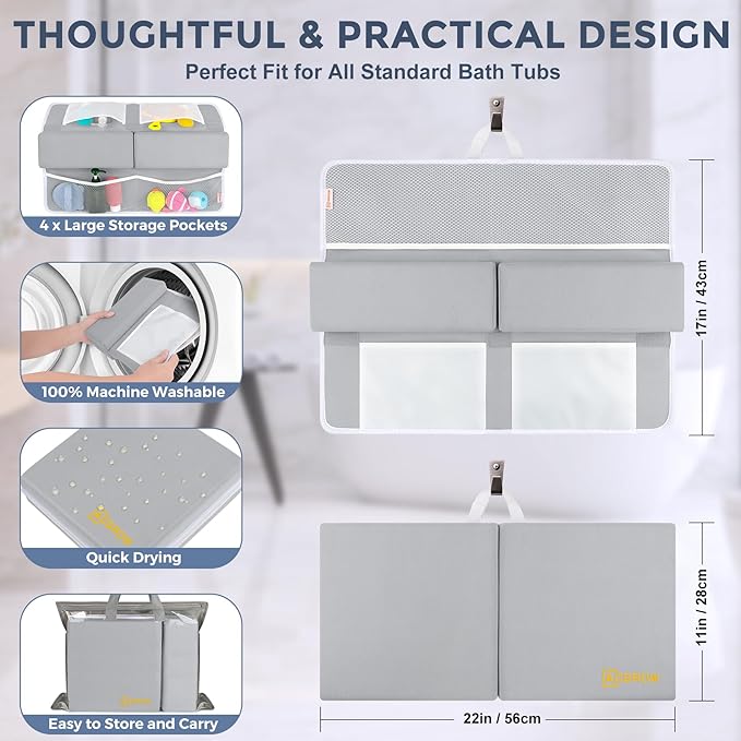 Bath Kneeler and Elbow Rest Pad Set - Comfortable 1.5” Thick Baby Bath Kneeler Pads with Toys Organizer, Non-Slip Knee Arm Support Bathtub Mat, Quick-Drying Kneeling Pad for Baby Bath Time