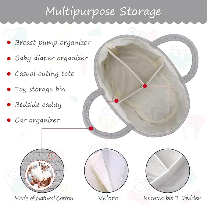 COMSE Baby Diaper Caddy Organizer, Car Caddy, Diaper Change Organizer, Gift Baskets Empty, Portable Tote Bag with Divider, Baby Shower Gifts Newborn Essentials Registry Must Have, Cool Gray