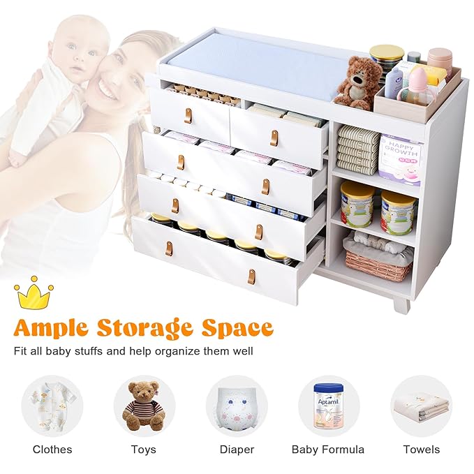 Baby Dresser with Changing Table Top, Baby Changing Table Dresser with 5 Drawers and Adjustable Shelves, Multi-Functional Diaper Changing Station, Nursery Organizer for Kids Bedroom, White