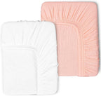 2 Pack Muslin Fitted Crib Sheets for Baby Girls & Boys-Neutral Breathable Crib Mattress Protector for Standard Crib Mattress (28"x 52")-Soft No Slip Toddler Cotton Bedding-Blush & White