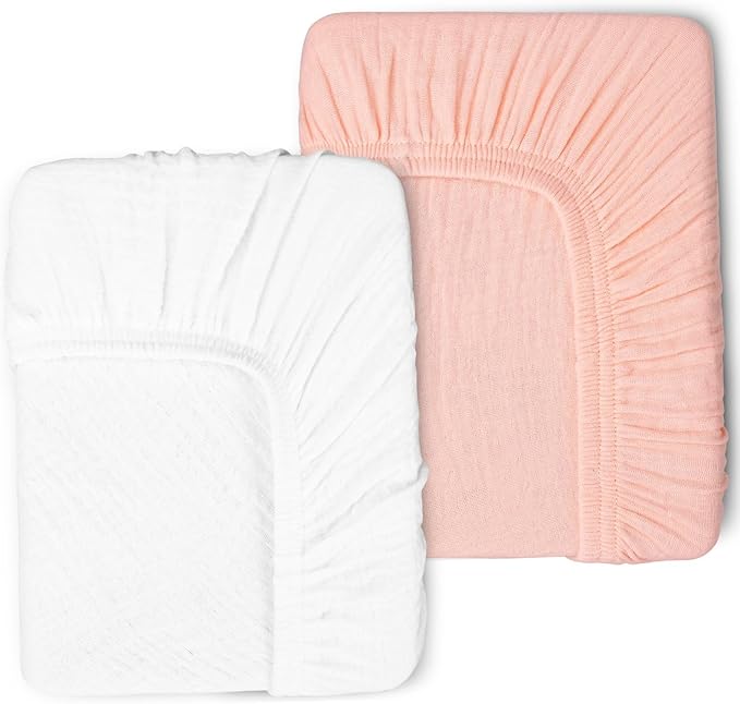 2 Pack Muslin Fitted Crib Sheets for Baby Girls & Boys-Neutral Breathable Crib Mattress Protector for Standard Crib Mattress (28"x 52")-Soft No Slip Toddler Cotton Bedding-Blush & White