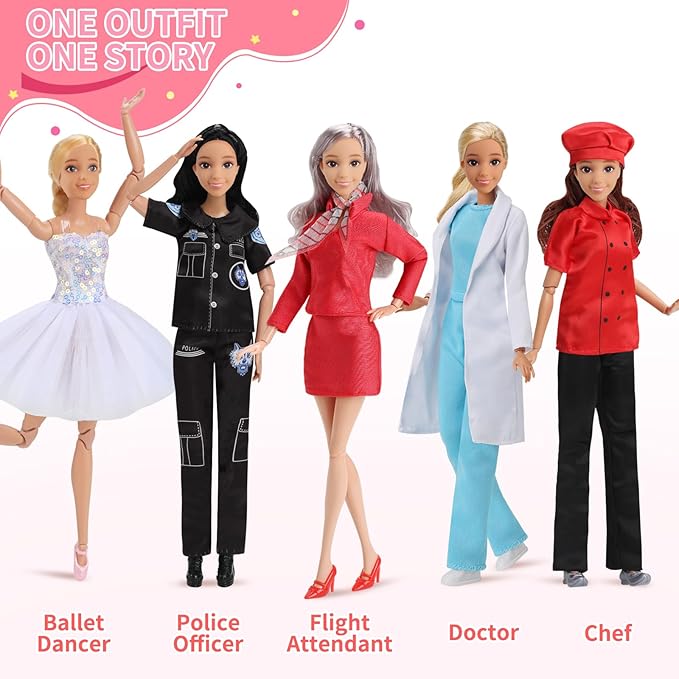 51 Pcs Themed Doll Clothes & Accessories – Educational Role Play Gift Set for Girls with 10 Outfits (Doctor, Bride, Mermaid, Santa, Chef etc.),10 Shoes, 5 Stands – Fits 11.5 Inch Dolls(No Doll)