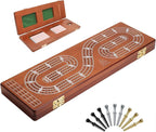 Cribbage Board Game Set 3 Tracks, Plusvivo Solid Oak Wood Cribbage Boards Unique with 9 Metal Pegs & 2 Storage Area, 15.5 X 4.9 X 1.2 in Travel Portable Cribbage Game Sets for Family