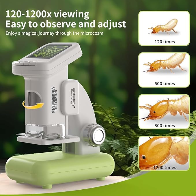 1200X Microscope for Kids with 2 inch Screen STEM Digital Science Kit Rechargeable Handheld Mini Pocket Children Students Slides Portable Gift for Kids Ages 6 to 12 (Green)