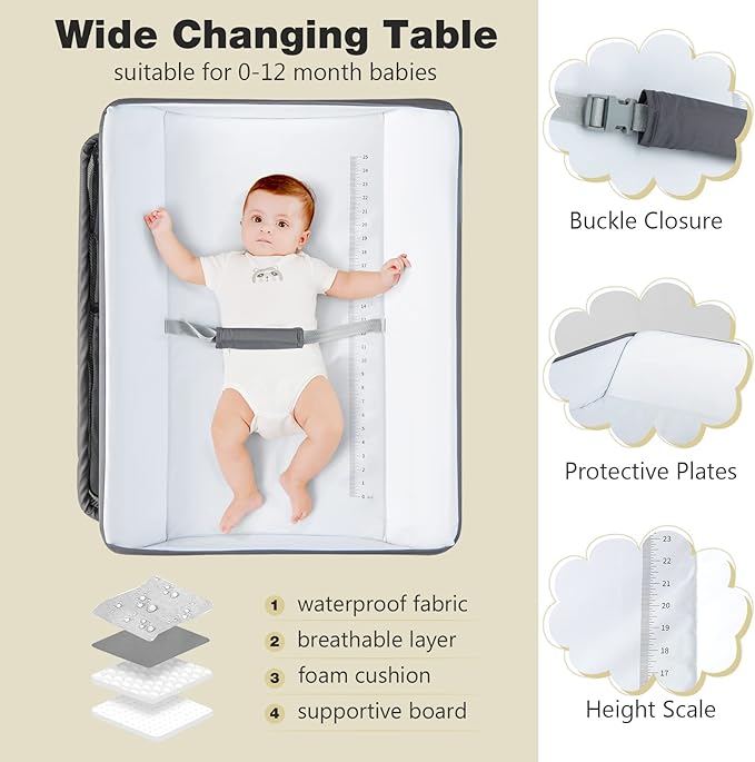 INFANS Baby Changing Table, Folding Diaper Station Portable Nursery Organizer with Safety Belt and Large Storage Racks for Newborn Baby and Infant (Grey)