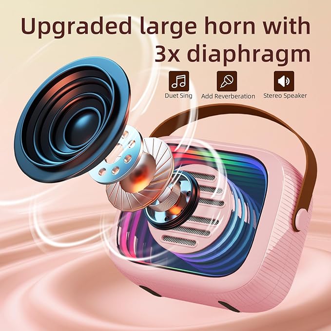 YF93 Mini Karaoke Machine for Kids with Bluetooth Speaker, 7 Voice-Changing Modes, Dual Microphones, Colorful LED Lights, TF Card Support, Portable Singing Gift for Children and Parties(Pink)