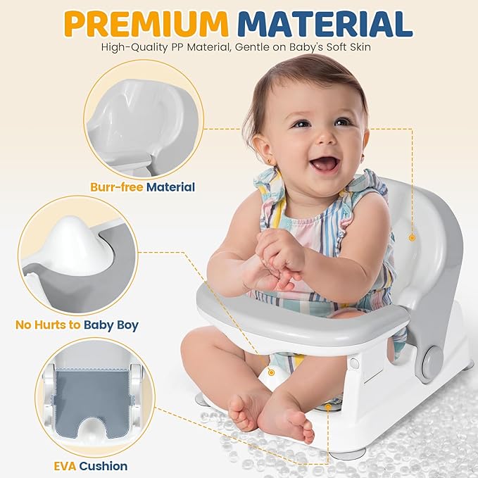 Orzbow Baby Bath Seat for Babies Sitting Up, Bath Seats for Babies 6-12-24 Months & Up with Adjustable Backrest, Non-Slip Baby Bathtub for Newborn Infant Toddler, Strong Suction & Comfortable, Gray