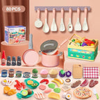 80pcs Pretend Play Kitchen Set for Toddlers, Kids Cookware Playset with Pots/Pans/Food/Fruits/Vegetables/Picnic Blanket/Storage Basket, Pink Educational Learning Toy Gift for Boys & Girls