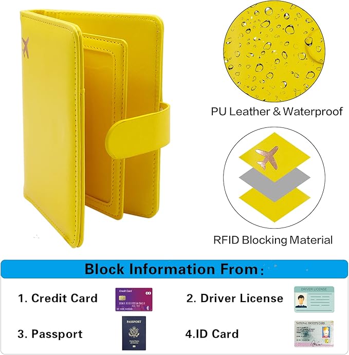 Melsbrinna RFID Passport Holder for Travel Women/Men, Cute RFID Blocking Wallet with Card Slots, Travel Wallet/Passport Case (1, Yellow)