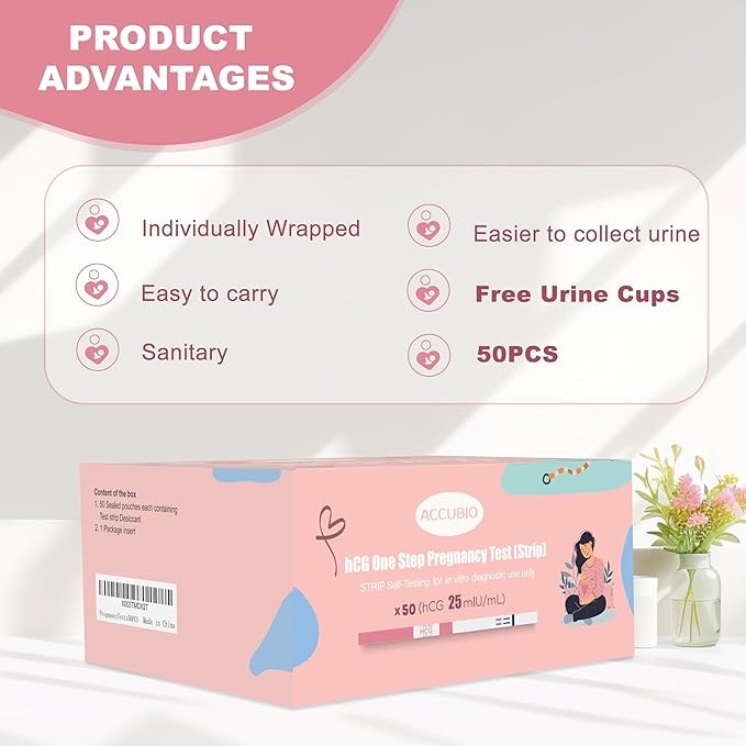 Pregnancy Test Strips with Urine Cups, hCG Detection Home Pregnancy Tests, Sensitive & Over 99% Accurate, 50 Count Individually Wrapped, Rapid hCG Test Strips, 5mm Wider 25mIU/mL