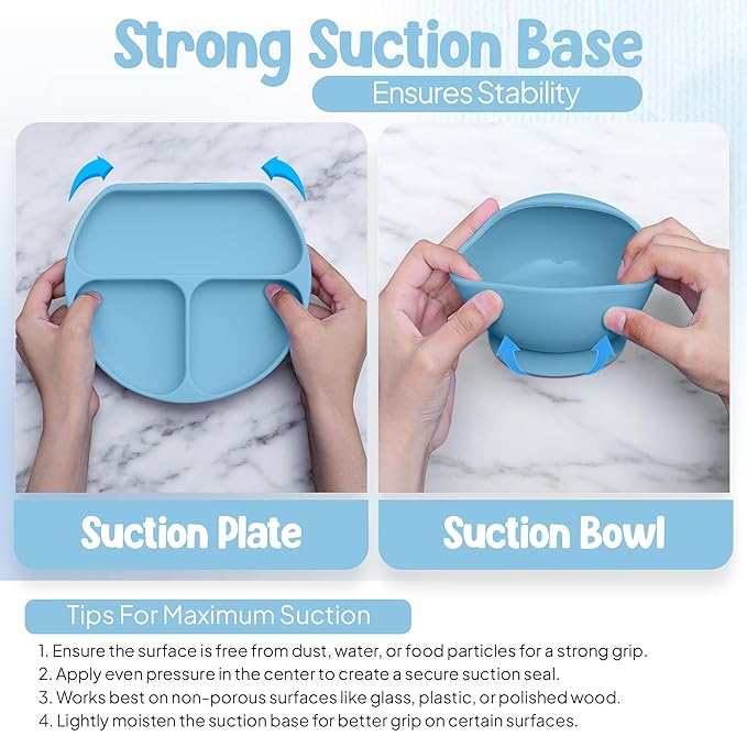 O'doe 17-Piece BPA-Free Silicone Baby Feeding Set | Thick & Soft Suction Plates, Baby Bowls, Wooden Fork & Spoon, and More | Make Mealtime Fun and Easy for Your Little One (Blue, V2)