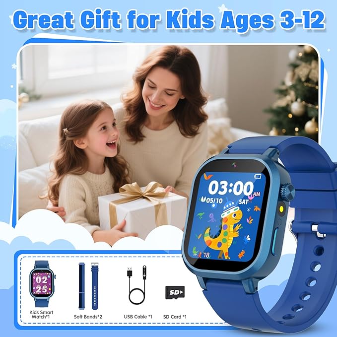 Kids Waterproof Smart Watch Boys Gift Age 3-12 with 39 Game HD Touch Screen Music Player Video Camera Pedometer Alarm Clock Birthday Gift for 6 7 8 9 Year Olds Blue