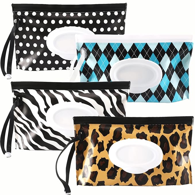FEBSNOW 4 Pack Baby Wipe Dispenser, Portable Refillable Wipe Holder, Baby Wipes Container, Reusable Travel Wet Wipe Pouch