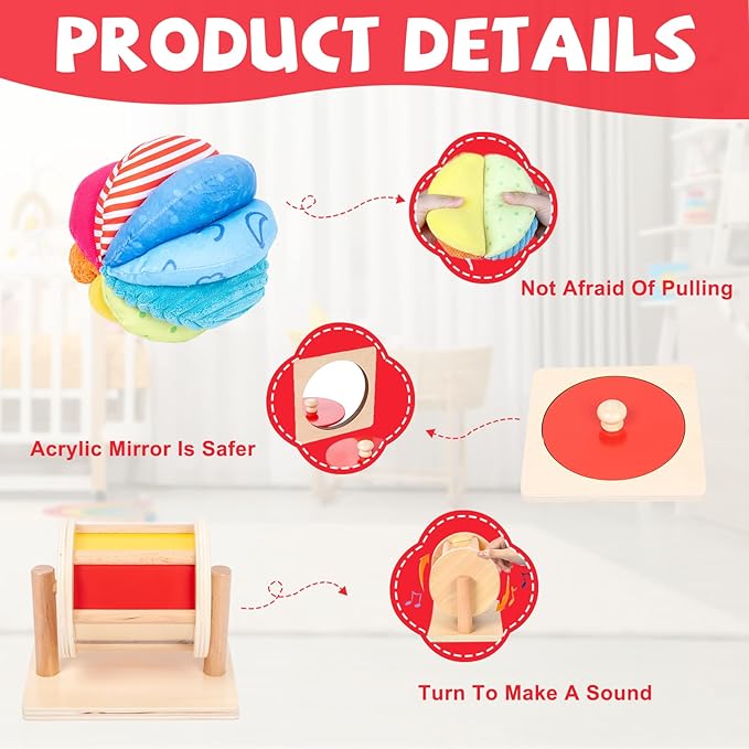 Montessori Baby Toys Play Kit - Mirror, Peekaboo, Knob Puzzle, Spinning Drum, Rainbow Ball - 6-12 Months Toddlers