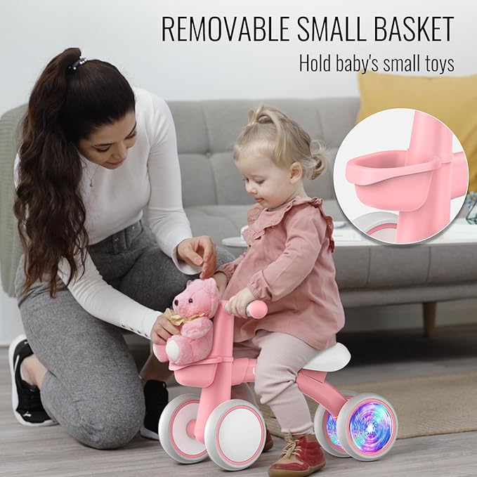 Umatoll Colorful Lighting Baby Balance Bike Toys for 1 Year Old Girls Gifts, Adjustable Seat, 1st Birthday Gifts, 12-24 Months Toddler Bike, Pink