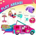 Doll Camper Van Playset for Girls,Portable Pretend Doll Car Set for Kid,Colorful Camper Vehicle RV Van with Furniture, Pool & Accessories,Outdoor Transformable Vehicles, Toddler Toys 3+