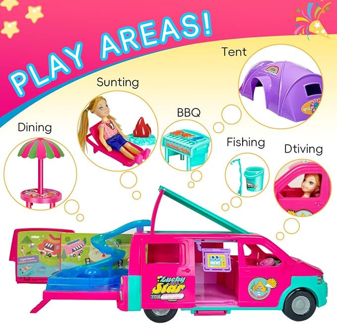 Doll Camper Van Playset for Girls,Portable Pretend Doll Car Set for Kid,Colorful Camper Vehicle RV Van with Furniture, Pool & Accessories,Outdoor Transformable Vehicles, Toddler Toys 3+