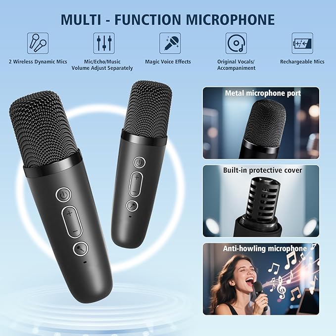 Karaoke Machine for Kids Adults, Portable Bluetooth Speaker with 2 Wireless Microphones, Portable Speaker Mini Karaoke Microphone for Home Party Birthday Gift for Girls Boys