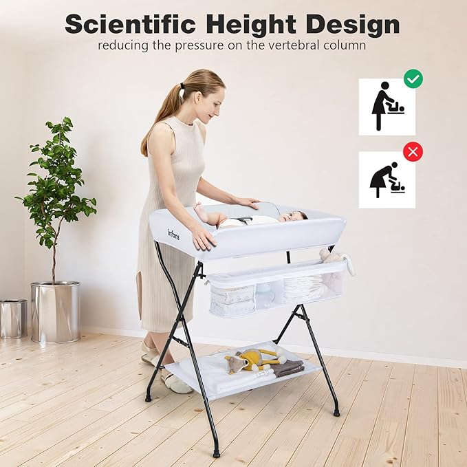 INFANS Baby Changing Table, Folding Diaper Station Portable Nursery Organizer with Safety Belt and Large Storage Racks for Newborn Baby and Infant (White)