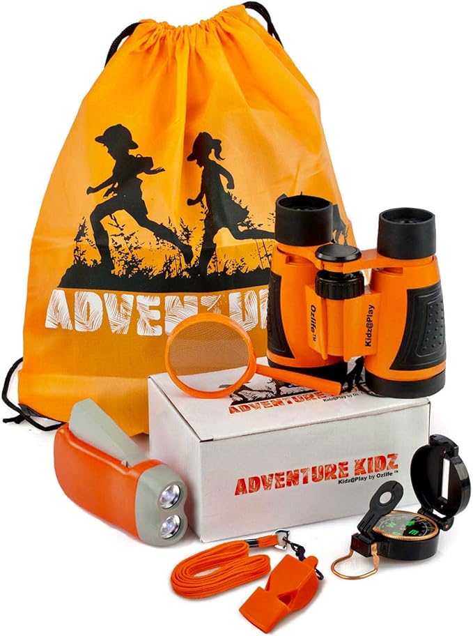 Adventure Kidz Outdoor Exploration Kit, Children’s Binoculars, Flashlight, Compass, Fox Whistle, Magnifying Glass, Backpack. Great Gift Set for STEM, Pretend Play, Ages 3+ Boys Girls