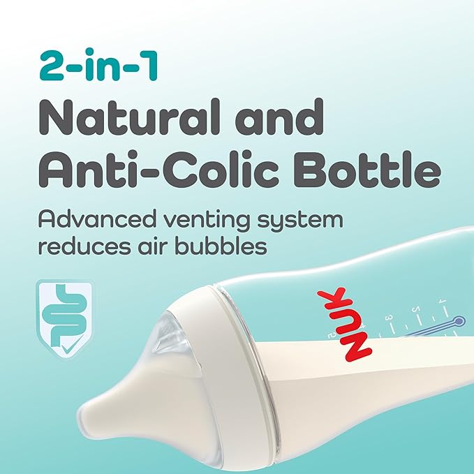 NUK Perfect Match 2-in-1 Natural and Anti-Colic Bottle with Medium Flow, Wide, Adaptable Nipple, 8oz., 4 Pack, BPA Free
