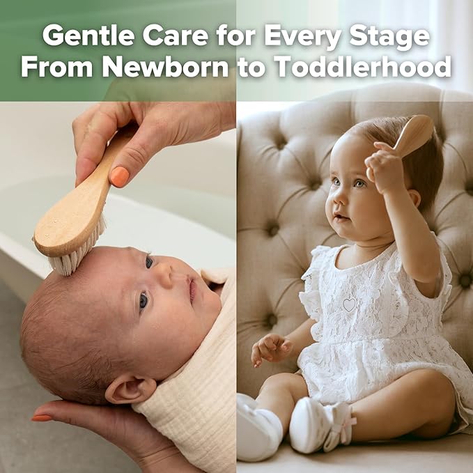 haakaa Wooden Baby Hair Brush for Newborns and Toddlers Baby Brush Natural Soft Wool Bristles Hairbrush, Ideal for Cradle Cap, Perfect Baby Registry Gift with Carry Pouch, 1PC