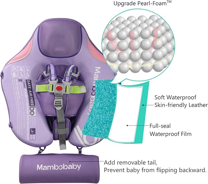 Mambobaby Float Baby Float with Canopy & Tail Non-Inflatable Infant Pool Floats Adjustable Safety Strap Toddler Swim Trainer (Purple)