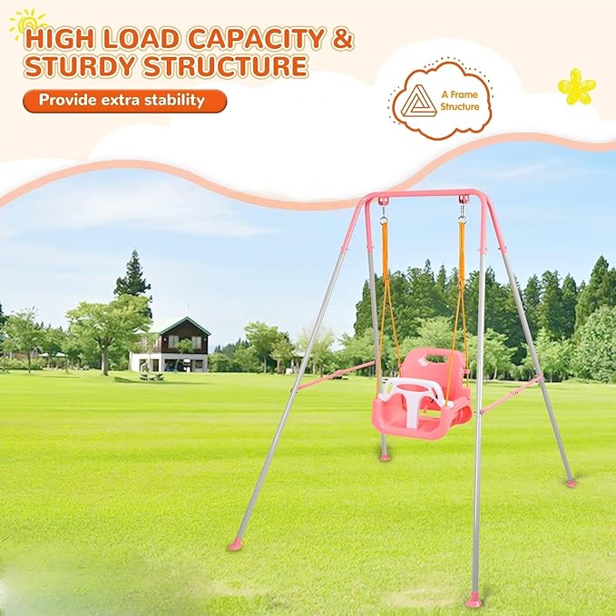 4-in-1 Swing Set & Baby Jumper and Bouncer for Toddler, Heavy Duty Baby Swing Set with Foldable Metal Stand for Indoor & Outdoor Play, Adjustable Swingset for Toddler (Pink)