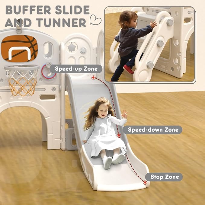 YUFU 9 in 1 Toddler Slide Set, Kids Slide for Toddlers Age 1-3, Toddler Playset with Basketball Hoop and Ball, Outdoor Indoor Playground for Toddlers 1-3 (Beige+Gray)