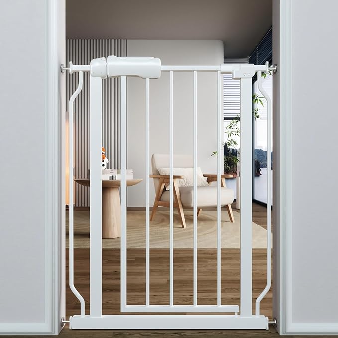 TSAYAWA Narrow Baby gate Baby Safety Gate 24.02-29Inch Auto Close Child Gates, Pressure Mounted Gate for Stairs & Doorways, Indoor/Outdoor Heavy-Duty Pet Gate for Toddlers, Dogs, White