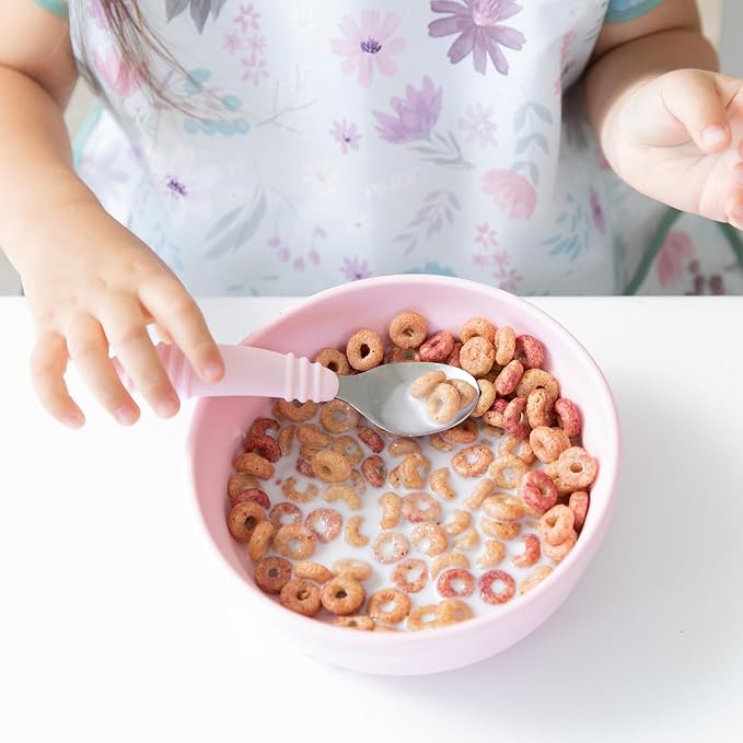 Bumkins Toddler Utensils, Kids Fork and Spoon Set, Silicone and Stainless-Steel Silverware, Angled Forks / Sporks for Self-Feeding, Children Training Flatware Cutlery for 18 Months Up, Pink