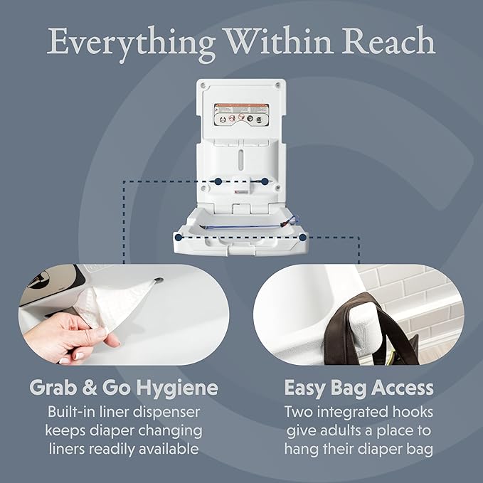 Foundations Classic Vertical Baby Diaper Changing Station, Wall Mount, Built in Liner Dispenser, One Handed Adjustable Safety Strap, Light Gray (100-EV)