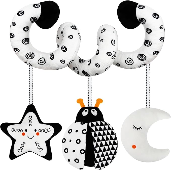 Car Seat Toys for Babies 0-6 Months,Hanging Rattle Toys for Crib Mobile, Baby Spiral Hanging Stroller Black and White High Contrast Toys for Newborn 0 3 6 9 12 Months Baby Boys Girls (Bug)
