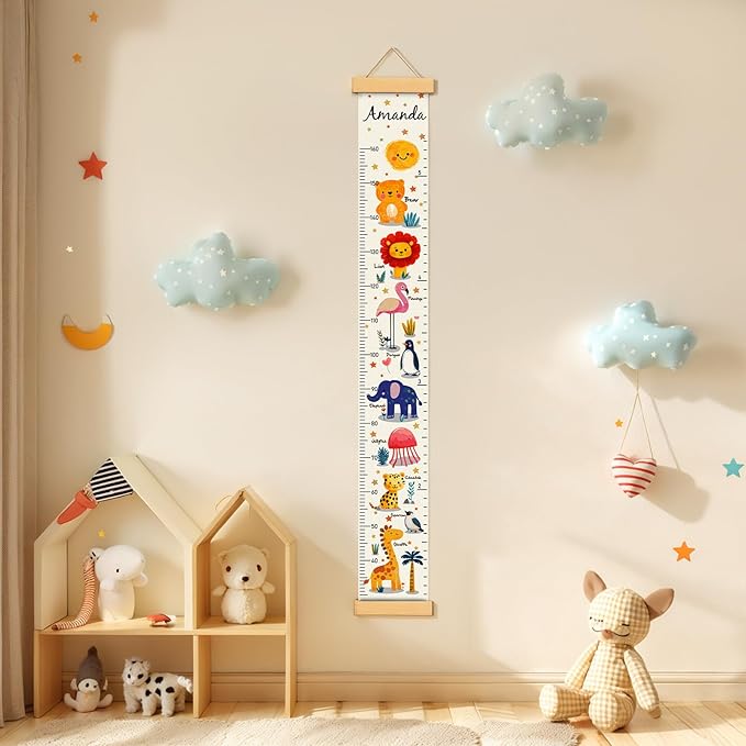 Personalized Name Kids Growth Chart, Watercolor Animal Canvas Height Measurement Ruler for Baby, Kids Height Wall Chart for Child's Room Decoration, Waterproof Measuring Wall Ruler
