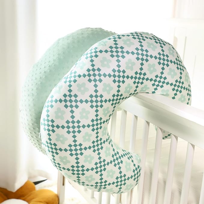 Pea Pod Minky Nursing Pillow Cover 2 Pack, Removable Nursing Cover for Breastfeeding Pillows, Soft and Comfortable Pillow Slipcover for Baby Girls Boys Newborn, Green& Checkered