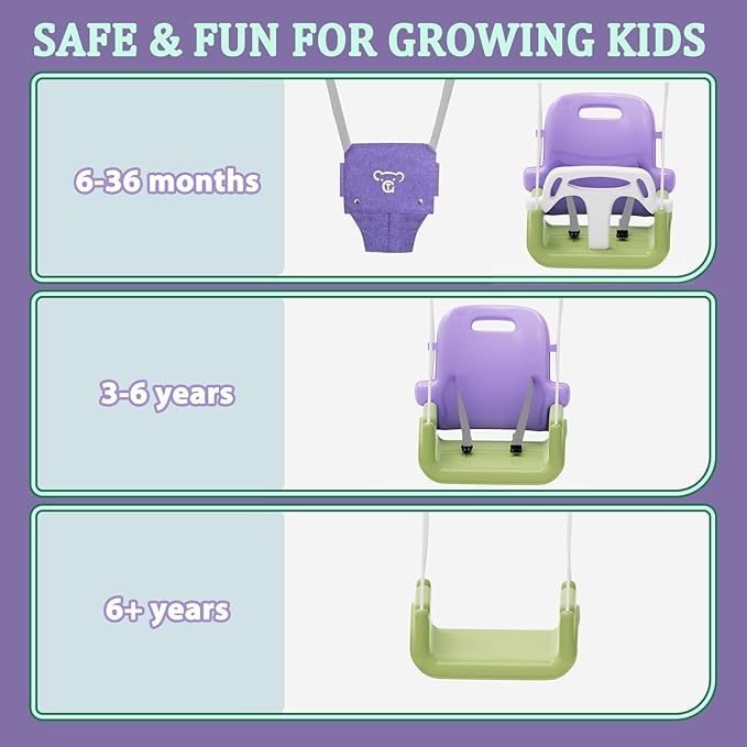 2 in 1 Toddler Swing & Baby Jumper, Foldable Baby Bouncer with Soft Cushion, Foldable Indoor & Outdoor Use, Easy to Install & Store Swing Sets for Backyard Play (Purple)