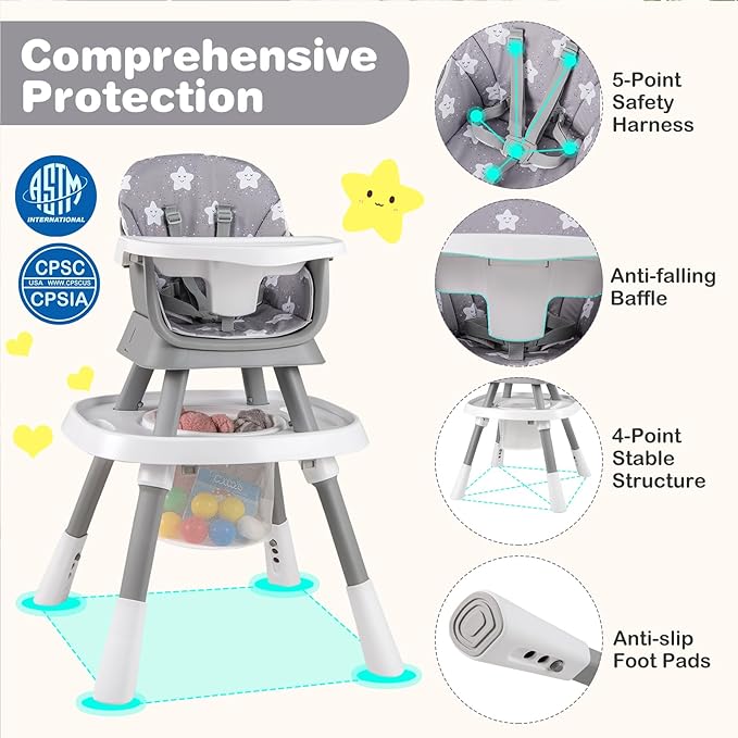 KOTEK 16 in 1 Convertible High Chair, Baby Highchair & Activity Center with Toys, Booster Seat, Building Block Table, Toddler Chair with 5-Point Harness, Removable Tray & Cushion (Gray)