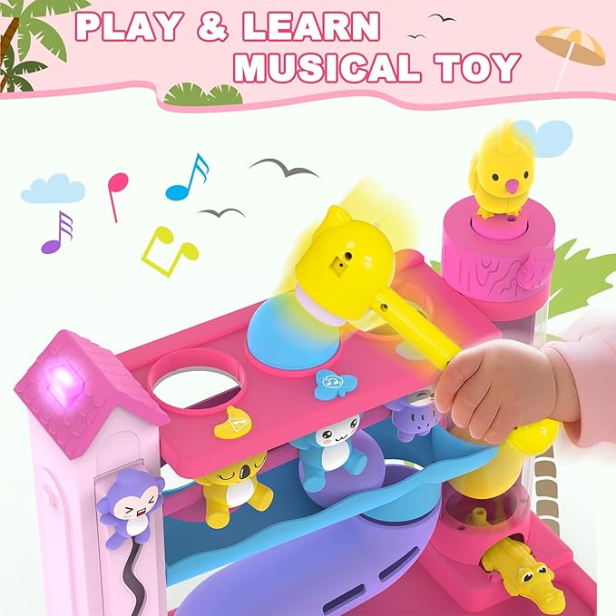 Toddler Musical Toys for 1+ Years Old Girls,Fine Motor Skills Developmental Baby Toy 12-18-24+ Months,Bilingual Toddler Learning Ball Drop Toy,Infant Birthday Gifts Toys for 1 2 Year Old Girl(Pink)