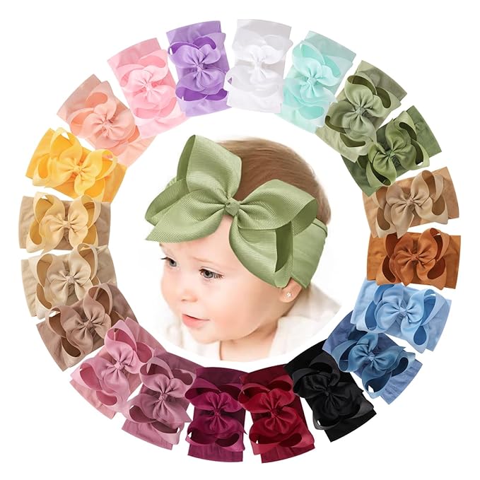 doboi 20PCS Baby Bows Baby Girl Headbands Nylon Hairbands with Ribbon Bow Handmade Elastic Baby Hair Bows Headbands for Baby Girls Newborns Infants Toddlers and Kids