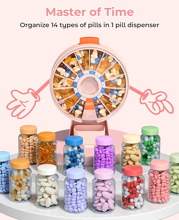 Daviky Pill Dispenser Daily, Large Pill Organizer with Wall-Mounted or Standing Use, 14 Days Pill Container, Push Button Design, Weekly Pill Box for Vitamin, Medicine,Supplement, Fish Oil(Pink)