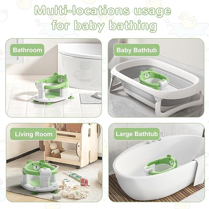 Baby Bath Seat for Babies 6 Months & up, Non-Slip Toddler Bath Seats for Babies Sitting Up, Safe Infant & Newborn Bathtub Chair with 4 Suction Cups & Soft Cushion for Shower,Green