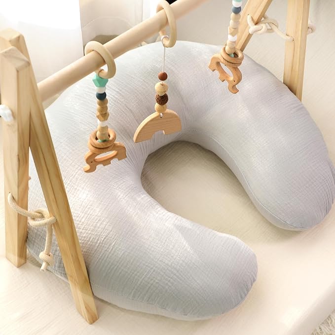 Hooyax Muslin Nursing Pillow Covers 2 Pack, Soft and Breathable Nursing Covers for Breastfeeding Pillows, Adorable Infant Feeding Pillow Slipcover for Baby Boy and Girls (Gray Creamy-White)