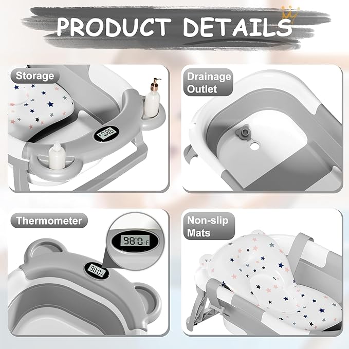 TPN Collapsible Baby Bathtub, Baby Bath Tub with Soft Cushion & Real-Time Thermometer, Baby Bathtub Infant to Toddler Tub (0-36 Months), Portable Travel Baby Tubs for Newborns (Grey)