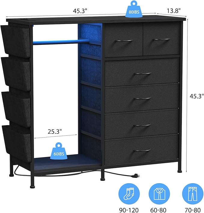 6 Drawer Dresser for Bedroom with Clothes Rack, Clothes Dresser with Side Pockets and Hooks, Charging Station & LED Lights, Wooden Top, Fabric Storage (Black)