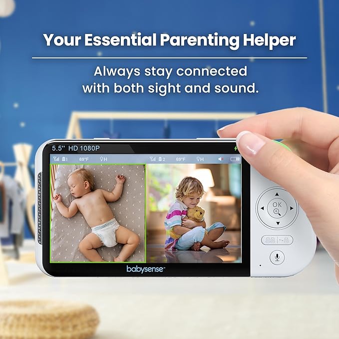 Babysense Full HD 5.5" Split Screen Baby Monitor with Camera and Audio, 6-Color Night Light, White Noise, Sound & Light Machine, 20-Hour Battery, Hack-Proof Non-WiFi Secure Connection